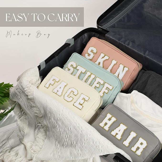 Cunno 4 Pcs Preppy Makeup Bags Chenille Letter Stuff Bag Nylon Cosmetic Pouch Cases with Zipper for Women Travel Toiletry