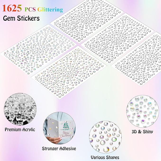 1625 PCS Gem Rhinestones Stickers for Crafts, Face Eye Hair Nail Body Makeup, Glitter Small Festival Jewels Rave Accessories for Women WUINOID