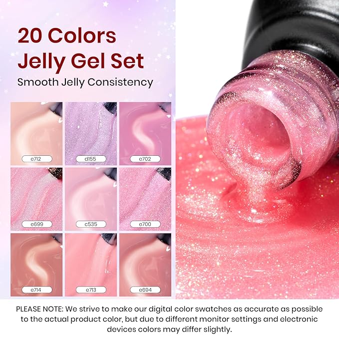 Beetles Jelly Gel Nail Polish Set, 25PCS 20 Colors Sheer Neutral Nude Pink Glitter Milky White Gel Nail Kit Soak Off UV with Base Glossy Matte Top Coat Pearls Rhinestones Nail Charms Gift for Women