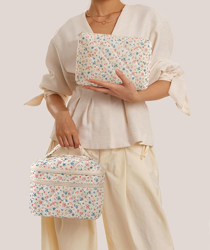 HBselect 2Pcs Travel Makeup Bag, Large Cotton Quilted Makeup Bag Cosmetic Bag Cute Make up Bag Toiletry Bags for Women Girls