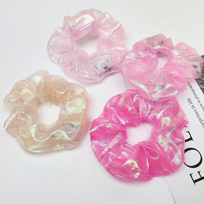 4Pcs Light Up Scrunchies Hair Tie, Pink LED Scrunchy Rave Hair Accessories for Women & Girls, Glow in the Dark Party Supplies Sleepover Party Favor Festival Accessory for Birthday Gifts for Girls