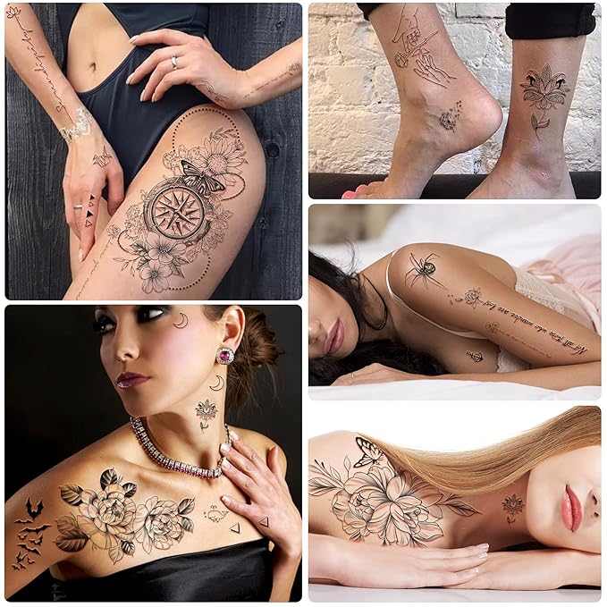 Yazhiji 49 sheets large sexy flowers collection waterproof temporary tattoos lasting fake tattoos for women and girls.