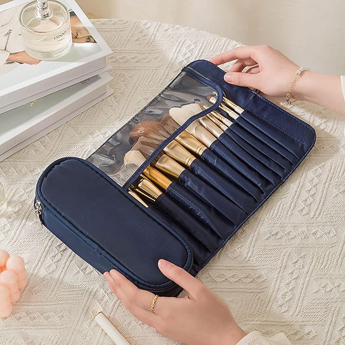 Makeup Brush Bag, Travel Makeup Brush Case Makeup Brush Holder Organizer Cosmetic Bag Portable Roll Up Brush Storage Bag for Makeup Brushes and Cosmetic Essentials (Dark Blue)
