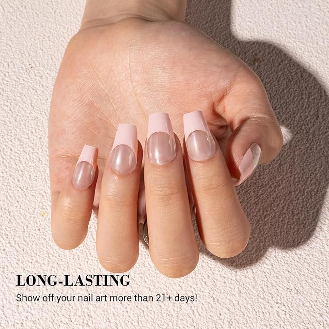 MelodySusie Semi Cured Gel Nail Strips (Pink French Tips), Works with Nail lamp, Salon Quality, Long Lasting, Easy to Apply abd Remove, Includes 20Pcs, 2 Prep Pads, Nail File and Wooden Stick