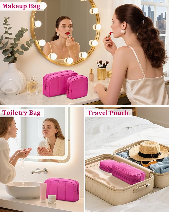 oscaurt 2 Pcs Makeup Bag Travel Toiletry Bag for Women Puffy Padded Cosmetic Pouch Purse Wide-open Makeup Organizer Case Travel Essentials