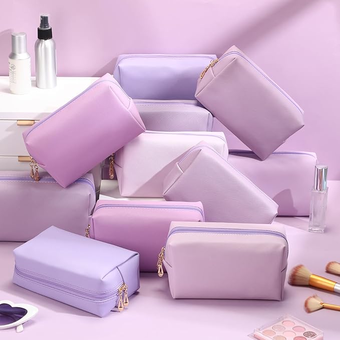 Kigeli 15 Pcs Aesthetic Makeup Bags PU Leather Cosmetic Pouches Waterproof Plain Toiletry Bags Makeup Pouches Bulk for Women Party Gift Travel Storage Organizer(Purple Series)