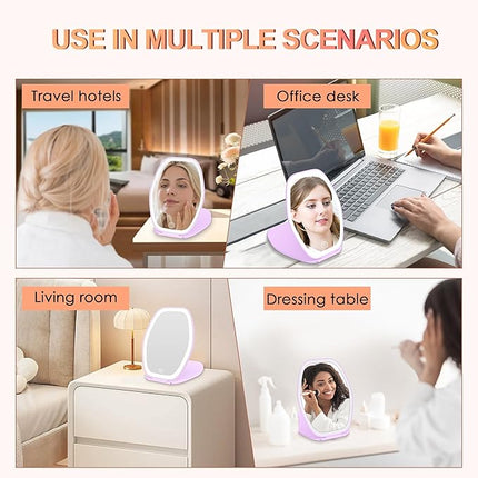 Travel Makeup Mirror with Light: 3 Color Lighting Portable Mirror with Touch Screen Rechargeable Adjustable LED Lights Hexagon Vanity Mirror for Travel, Desk, Home (Purple)