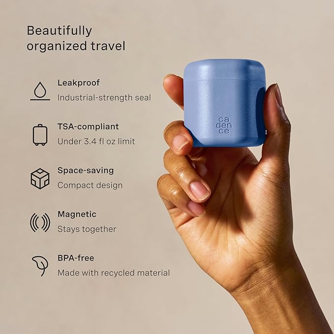 Cadence Travel Containers - Daily Routine Capsule Set - Magnetic Containers with Lids,4 Flex Mediums (1.32oz) & 3 Flex Smalls (0.56oz) - Shampoo, Conditioner, Body Wash, Pills, & More - Pacific