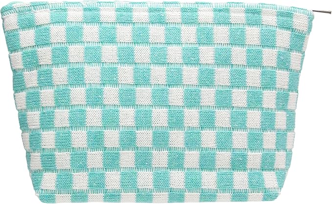 PAZIMIIK Knitted Checkered Makeup Bag Large Zipper Make Up Accessory Pouch for Purse Cosmetic Brush Bag for Travel Essential Arctic Blue