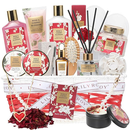 Valentines Day Gifts for Women - 19-Piece Luxury Rose & Cherry Blossom Spa Gift Basket Set Bath and Body Gift Sets Care Kit with Necklace | Christmas Gifts, Mothers Day Gifts Baskets for Mom, Wife