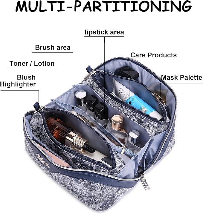 BOYATU Travel Makeup Bag for Women: Large Capacity Make up Bag with Compartments - Vegan Leather Cosmetic Bag set of 3 - Waterproof Toiletry Bag with Handle & Divider(D-03Blue)