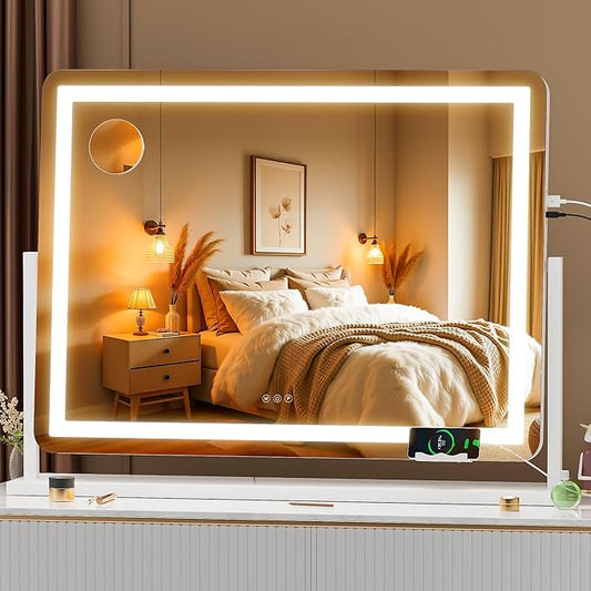 Hasipu Vanity Mirror with Lights, 34.3" x 25.2" LED Makeup Mirror, Light up Mirror with 10X Magnification and Phone Holder, USB Charging Port, Smart Touch 3 Colors Dimmable (White)