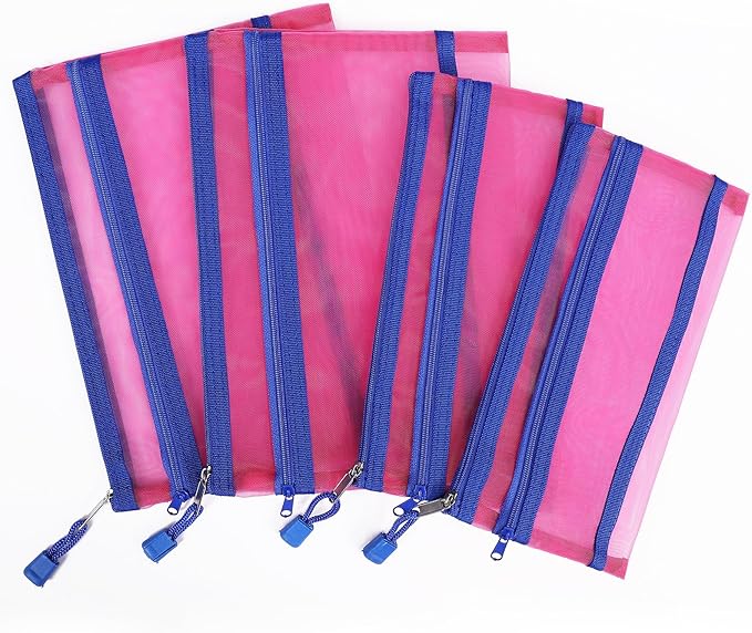 12 Pieces Zipper Nylon Mesh Pouch, Mesh Cosmetic Bags Makeup Bags Pencil Case, Multipurpose Travel Bags for Cosmetic School Office Supplies and Travel Accessories (2 Layers-Hot Pink, A5)