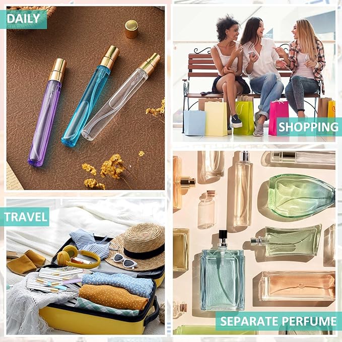 Zhehao 75 Pcs Mini Spray Bottles 10 ml Clear Glass Perfume Bottles Refillable Fine Mist Perfume Atomizer Portable Empty Sample Containers for Cleaning, Essential Oils, Travel (Gold Cap)