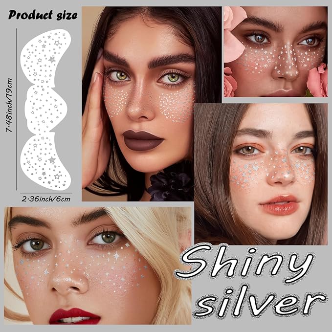 10 Sheets Glitter Freckle Tattoo, Silver Glitter Face Makeup Speckles, Eyes Makeup Accessories Temporary Tattoo for Women and Girls, Cosmetic Freckle for Face
