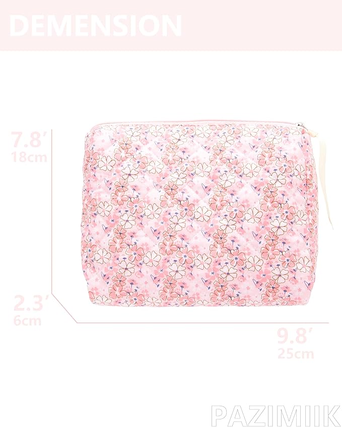 PAZIMIIK Quilted Makeup Bag Large Travel Zipper Soft Cosmetic Pouch for Women Girls Make Up,Pink Flower