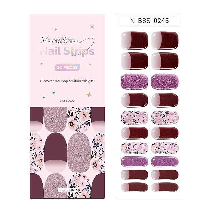 MelodySusie Semi Cured Gel Nail Strips (Garden Flowers), 20 PCS French Tips Gel Nail Stickers, Gel Nail Wraps, UV Light Required, Durable and Salon Quality