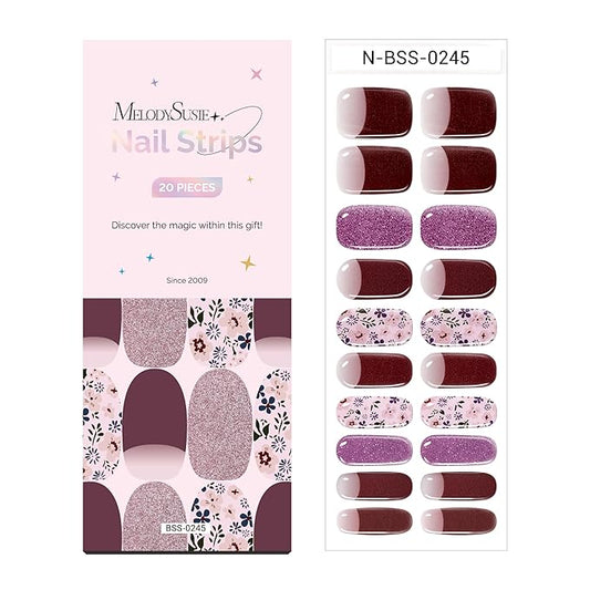 MelodySusie Semi Cured Gel Nail Strips (Garden Flowers), 20 PCS French Tips Gel Nail Stickers, Gel Nail Wraps, UV Light Required, Durable and Salon Quality