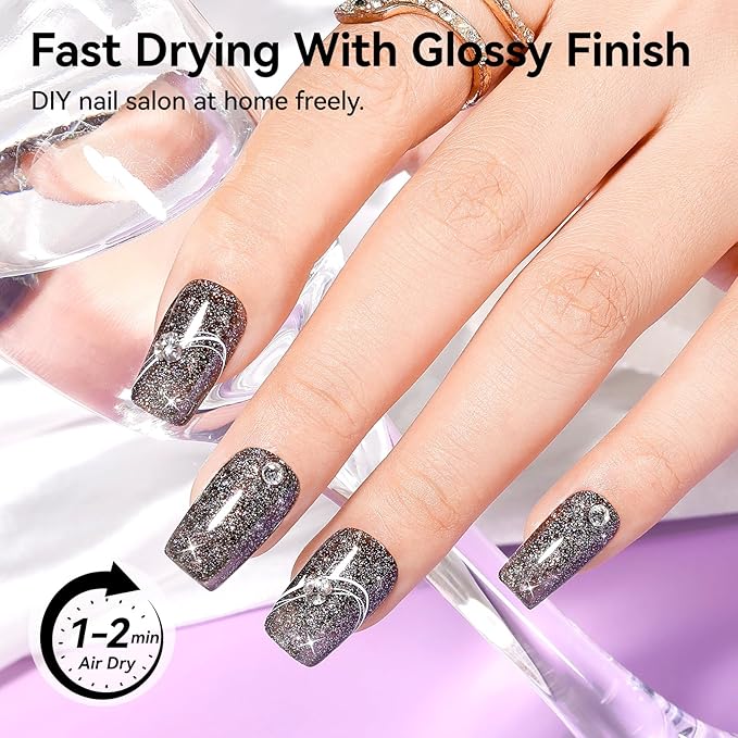 Black Glitter Nail Polish, Fast Air Drying Regular Nail Polish Rainbow Sparkly Shimmer Black Nail Lacquer, High Shine Toe Fingernail Polish, Nails Art Salon Manicure at Home Gift