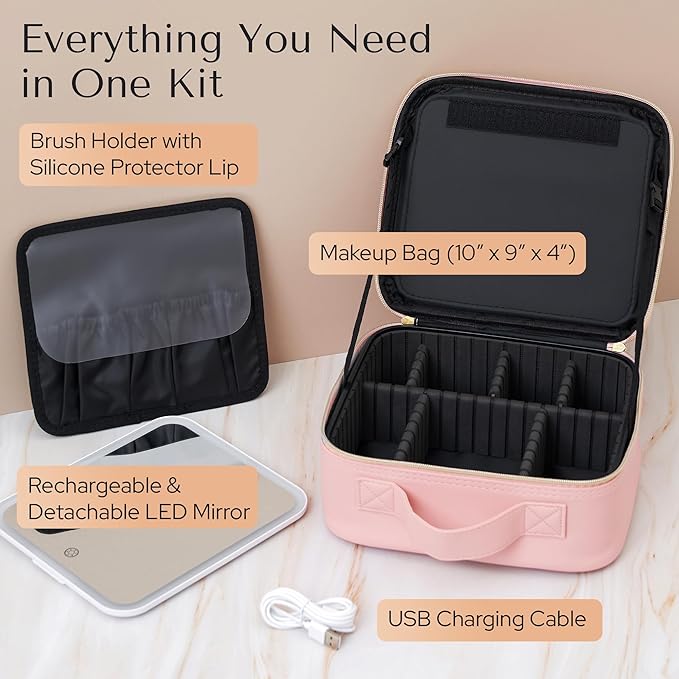 Makeup Bag with LED Mirror – Travel Cosmetic Organizer with Lighted Mirror, Adjustable Dividers & Brush Holder Storage – Portable PU Leather Makeup Case for Women & Girls - Pink
