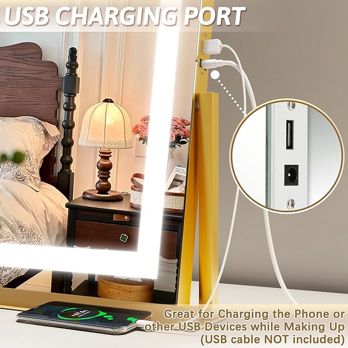 Vanity Mirror with Lights 22"x18", Lighted Makeup Mirror with 10X Magnification, Smart Touch 3 Colors Dimmable, 360° Rotation, Women Gift, Dresser Mount, Bathroom (Gold)