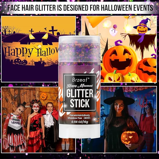 Brzeaf Orange Purple and Black Body Glitter Stick, Shimmery& Long Lasting, Halloween Hair Eyeshadow Face Body Glitter, Singer Concert Music Rave Festival, Glitter Stick Makeup & Face Glitter Gel