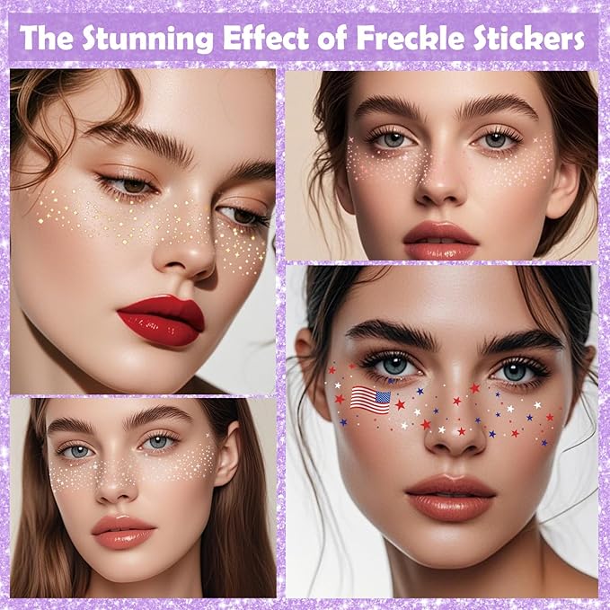 Yosca Glitter Freckles Face Tattoo, 6Pcs Metallic Silver Temporary Tattoos for Body Face Freckle Makeup, Waterproof Glitter Makeup Patches for Festival Concert Party Girl Women Rave Accessories