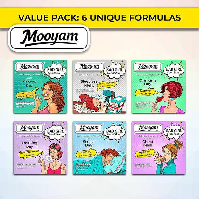 BAD GIRL Face Mask Set - 6 Pack Hydrating Sheet Masks for Self Care - Funny Pop Art Beauty Gifts for Women & Teens - Moisturizing, Brightening & Pore Refining - 6 Unique Skin Recovery Formulas