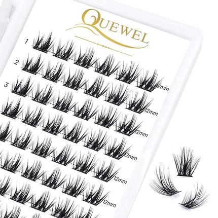 QUEWEL Cluster Lashes 72 Pcs Wide Stem Individual Lashes C/D Curl 8-16mm Length DIY Eyelash Extension False Eyelashes Soft for Personal Makeup Use at Home (Fluffy02-D-12)