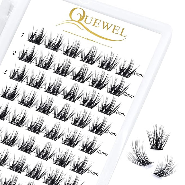 QUEWEL Cluster Lashes 72 Pcs Wide Stem Individual Lashes C/D Curl 8-16mm Length DIY Eyelash Extension False Eyelashes Soft for Personal Makeup Use at Home (Fluffy02-D-12)