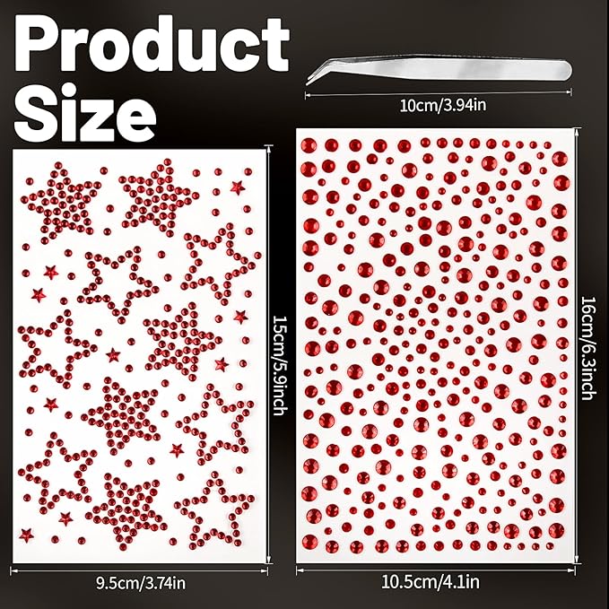 Halloween Face Gems 6 Sheets Hair Gems, Self Adhesive Face Jewels Stickers, Red Black Round Star Festival Face Gems Stick on, Halloween Rhinestone for Face, Eye, Makeup, Rave Accessories for Women