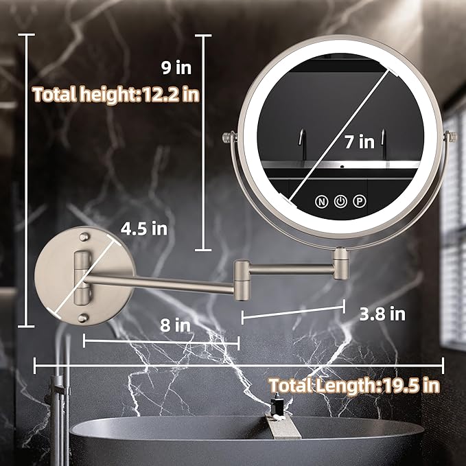 9" Wall Mounted Lighted Makeup Mirror with Magnification, 1X/10X Magnifying Mirror with Light, 3 Color LED Dimmable 2000mAh Rechargeable Light Up Magnifying Mirror Nickel Extendable