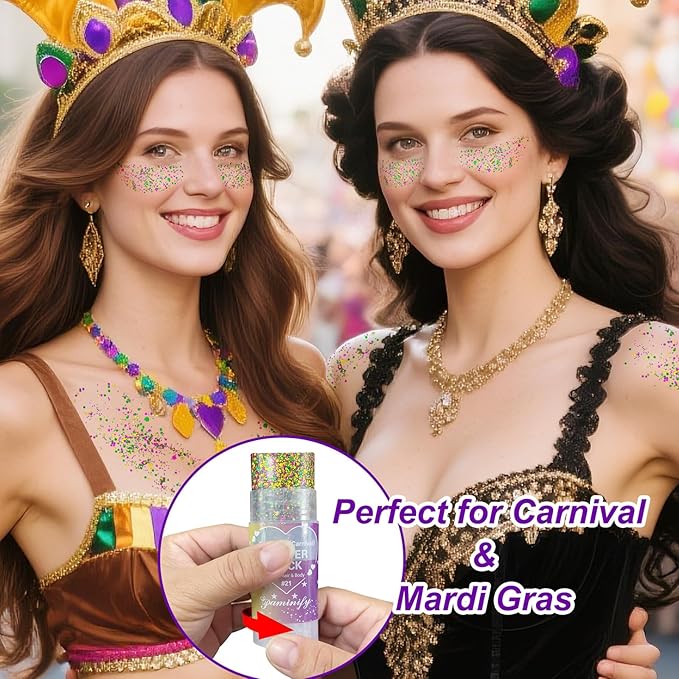 Mardi Gras Gold Hair Glitter Stick,Purple Green Face Body Glitter Makeup,Carnival Costume Waterproof Outfits for Women & Kids,Mardi Gras Accessories Singer Concerts Chunky Glitter