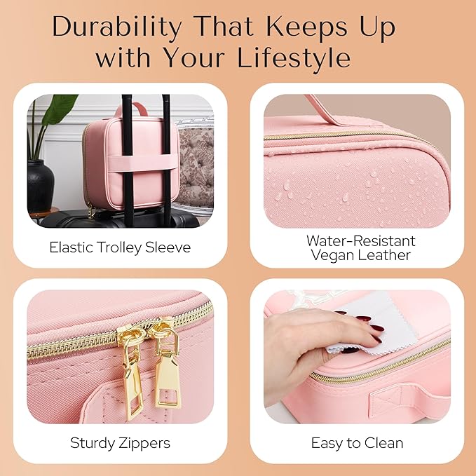 Makeup Bag with LED Mirror – Travel Cosmetic Organizer with Lighted Mirror, Adjustable Dividers & Brush Holder Storage – Portable PU Leather Makeup Case for Women & Girls - Pink