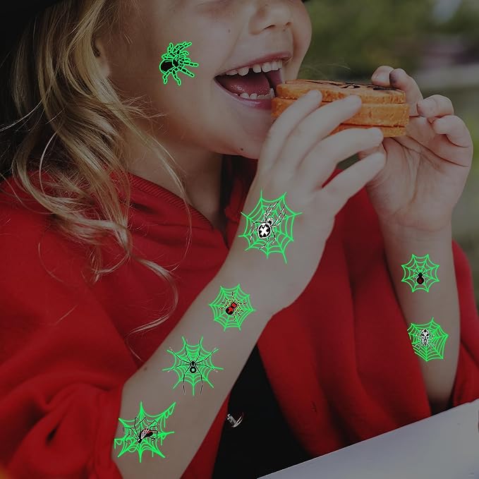 Halloween Luminous Spider Temporary Tattoos for Kids - 10 Sheets Glow In The Dark Halloween Spider Web Tattoos for Boys and Girls, Halloween Cosplay Face Makeup Accessories Holiday Party Gifts