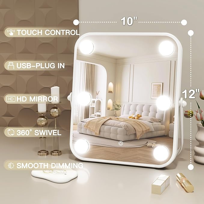 10x12 Inch Hollywood Vanity Mirror with Dimmable LED Lighting, Smart Touch Control & U-Shaped Bracket - Portable Tabletop Makeup Mirror for Travel, Home
