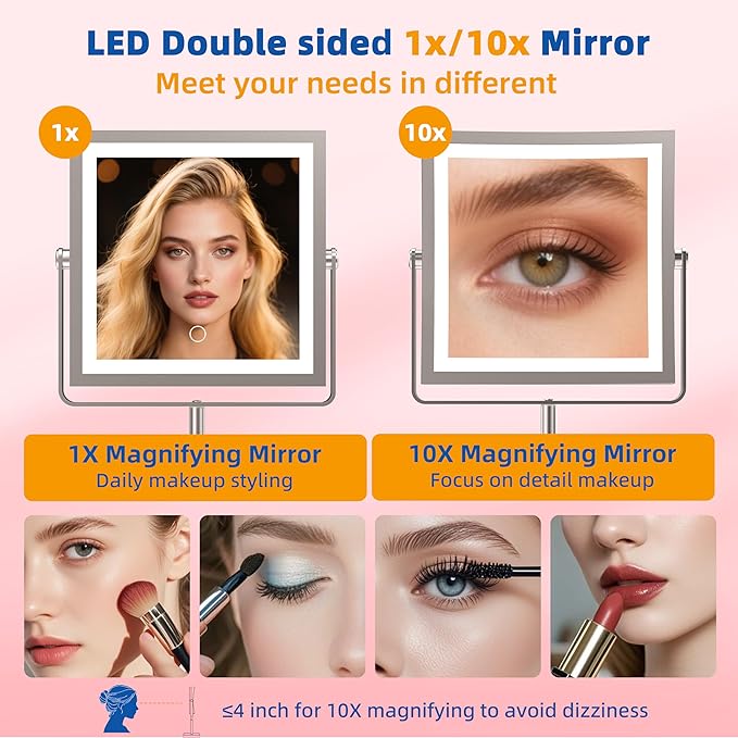 Ruacq Rechargeable Makeup Mirror, 4000mAh Lighted Makeup Mirror with Magnification1X/10X, Height Adjustable Vanity Mirror with Lights, 3 Color Lights, Adjust Brightness, 360°Rotation(Brushed Nickel)