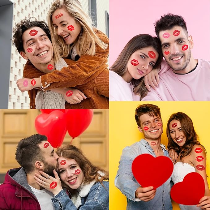 50 Pieces Valentines Lip Temporary Tattoos, Red Pink Lip Print Kiss Face Tattoo Stickers Body Decorations for Girls Kids