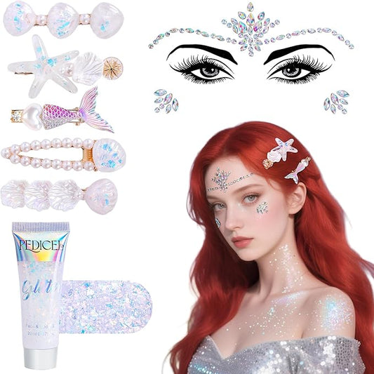 Wehhbtye 7 Pcs Mermaid Hair Clips Face Gems Glitter, Starfish Hair Clip Glitter Stickers and Gel, Mermaid Costume Accessories Set for Women Girl Cosplay Halloween Beach Theme Party Supplies
