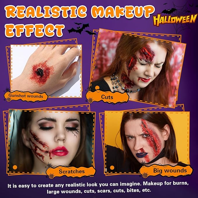 CAHIUYOA Halloween Special Effects SFX Zombie Vampire Makeup Kit,Black White Red Face body Paint with Fake Blood Spray & Gel,Scar Wax,Spatula,Brush Stipple Sponges for Halloween Cosplay Party(20PCS)