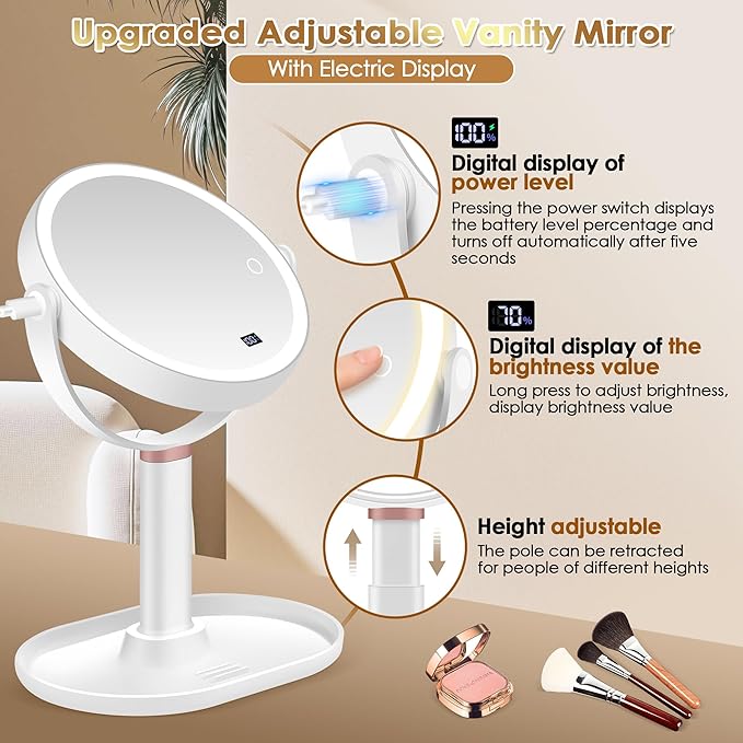 MIYADIVA Makeup Mirror with Lights, 30X/1X Magnifying Mirror with Digital Display, Height Adjustable Desk Mirror, Detachable for Travel, Vanity Mirror with Phone Holders and Tweezers, Gifts for Women