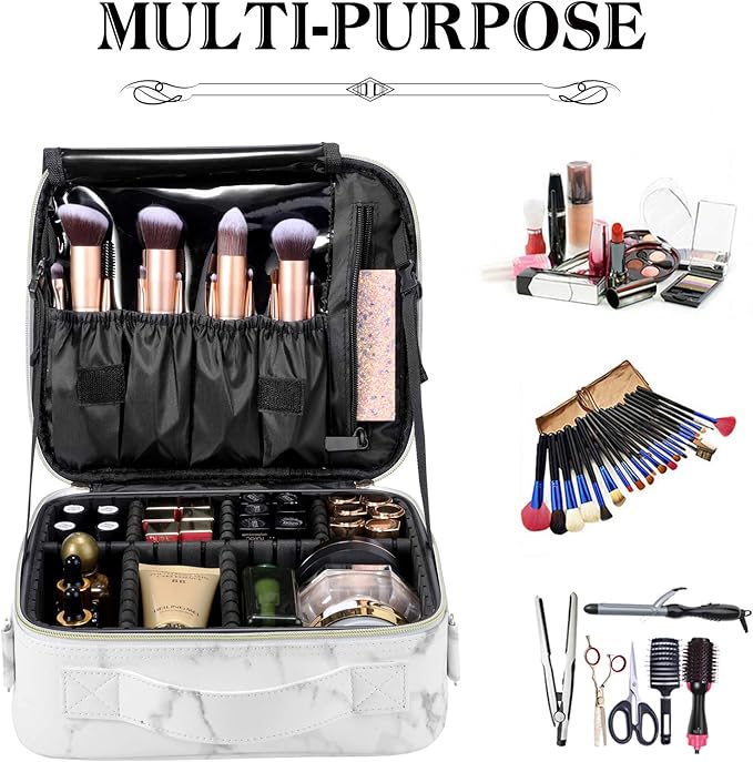 Travel Makeup Bag 10.4 Inches Portable Makeup Train Case Cosmetic Bag Organizer with Adjustable Dividers and Shoulder Strap for Cosmetics Brushes Toiletry Jewelry Digital Accessories (Marble)