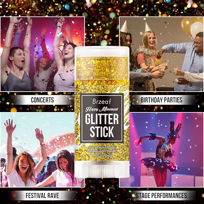 Brzeaf Waterproof Gold Glitter Stick, Face Glitter Makeup, Shimmery & Long Lasting, Chunky Glitter for Face/Body/Hair/Eyes/Lip, Singer Concert Music Halloween Christmas Rave Festival