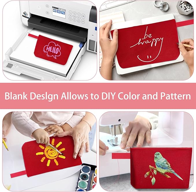 10 Pieces Cotton Canvas Makeup Bag with Bottom and Strap, Multi-Purpose Cosmetic Bag with Zipper Travel Toiletry Pouch, Blank DIY Craft Bag (Red, L)