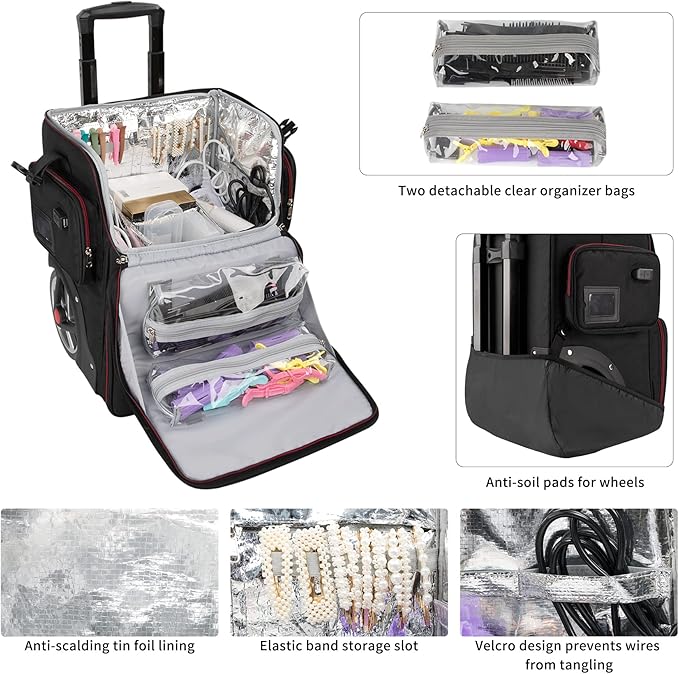 Large Makeup Train Case with a Large Makeup Travel Case for Hairstylist, Hairdresser Bag with Detachable Pouch,Heat Insulation and Anti-scalding for Hairdressing Tool Organizer 2 in 1, Big wheels