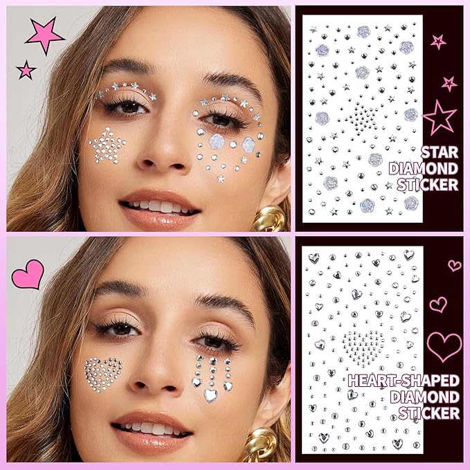 YGDZ Face Gems, Self Adhesive Face Jewels, Hair Gems, Festival Essentials Rhinestone Stickers, Rave Accessories, Face Stickers for Kids, Women