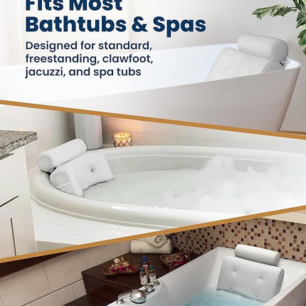 Everlasting Comfort Luxury Bath Pillows for Tub with Head and Neck Support - Non-Slip Bathtub Pillow with Suction Cups, Quick-Drying Mesh & Drying Hook - Jacuzzi & Spa Accessories for Women - White