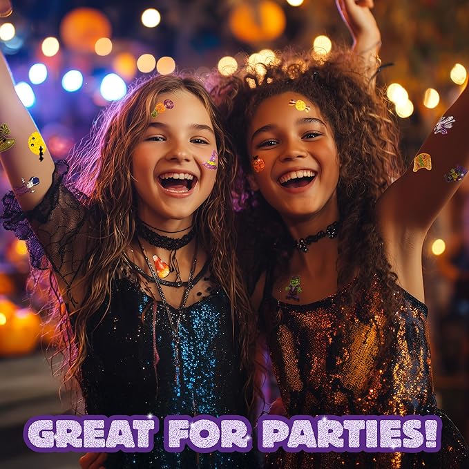 Assorted Glitter Halloween Tattoos – Sparkly Temporary Tattoos for Kids, Includes Pumpkins, Ghosts, Bats & More, Non-Toxic Party Favors & Trick-or-Treat Handouts