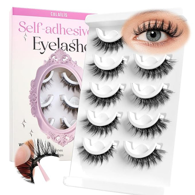CALAILIS Self Adhesive Eyelashes 5 Pairs Natural Look Press On Lashes No Glue Need Eyelashes Reusable Cat Eye Wispy Self-adhesive False Lashes with Replacement Adhesive Strips (C105)