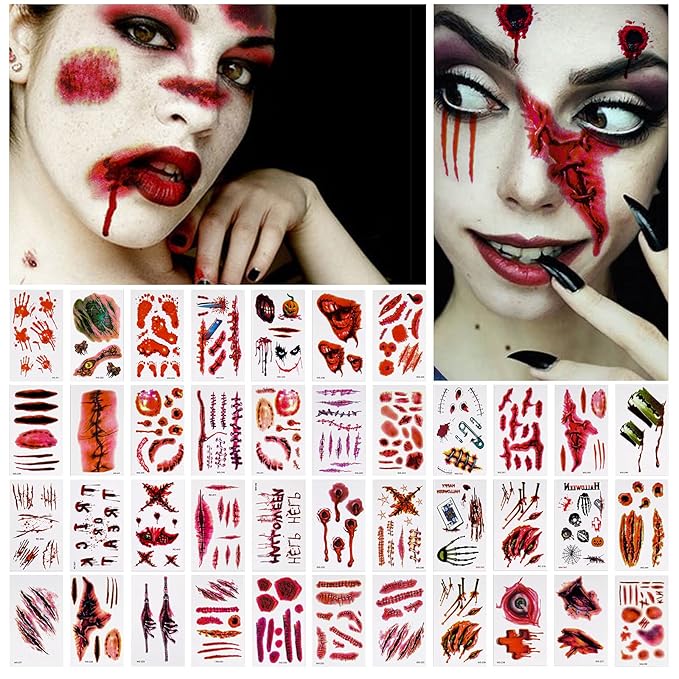 NiHome 40 Sheets Halloween Removable Realistic Fake Temporary Tattoo Set, Zombie Costume Cosplay Variety Party Makeup Face Decals Prank Supplies